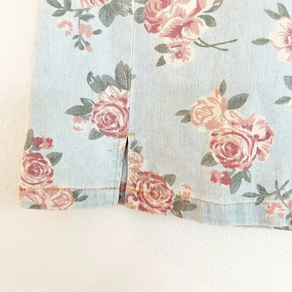 NWT Cider Skirt M Blue Denim Mini Pink Floral Roses Feminine Cottagecore